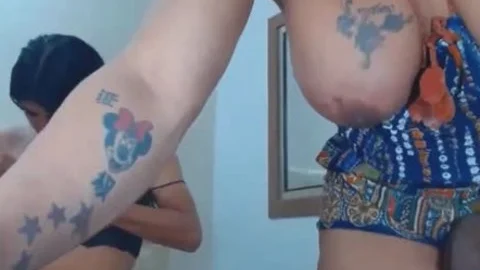 Two whore lady-man couple deep-throat 10-Pounder