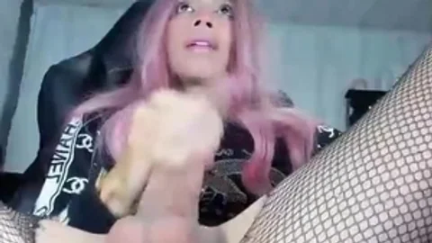 Pink Haired Trans babe In pantyhose Jerks Off Her large penis On webcam