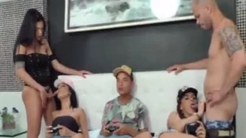 video Game Party Turns Into bunch sex With Hung ladyboys
