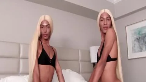 Ebony crossdresser show small tits